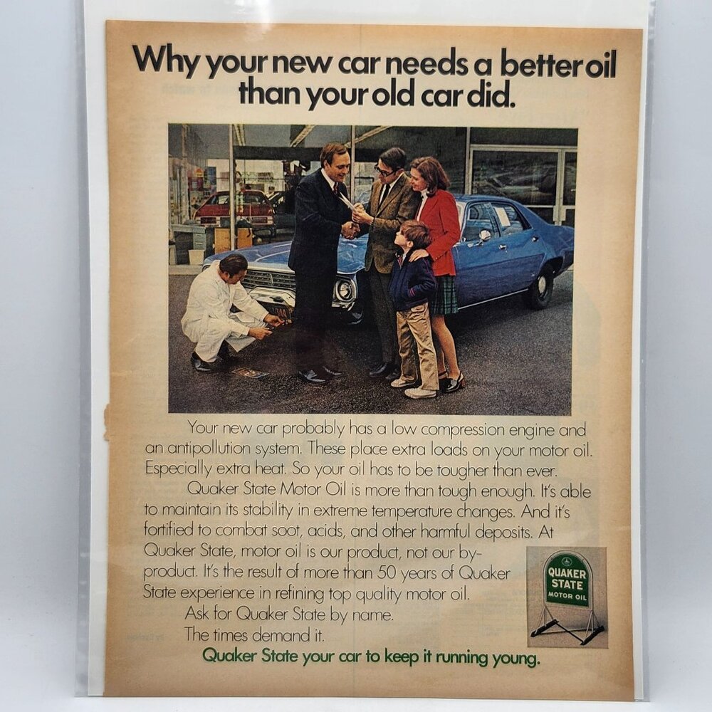 Quaker State Motor Oil Vintage 1970s LIFE Magazine Print Ad New Old Car